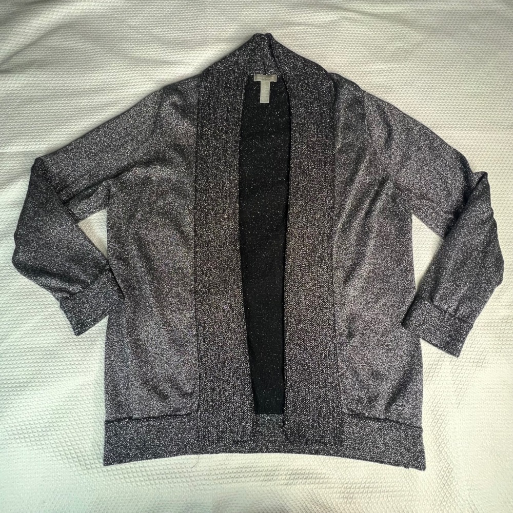 Womens Cardigan Sweater Black Large Metallic Sparkle Knit Open Front‎ Shawl